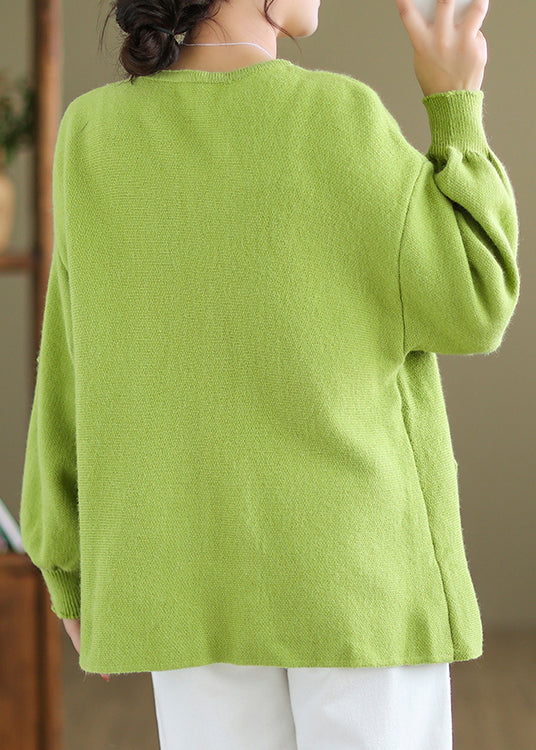 Plus Size Green Button Pockets Knit Coat Long Sleeve
