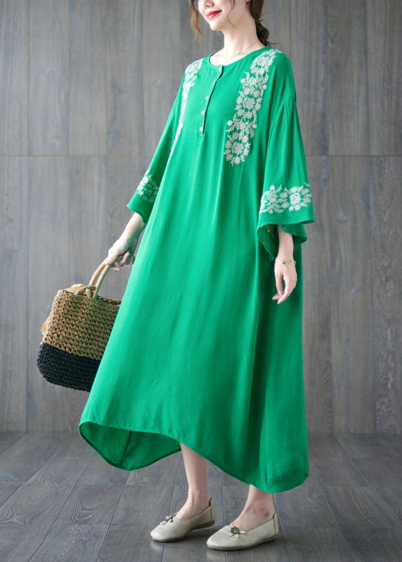 Plus Size Green Embroideried Cotton Holiday Dress Flare Sleeve