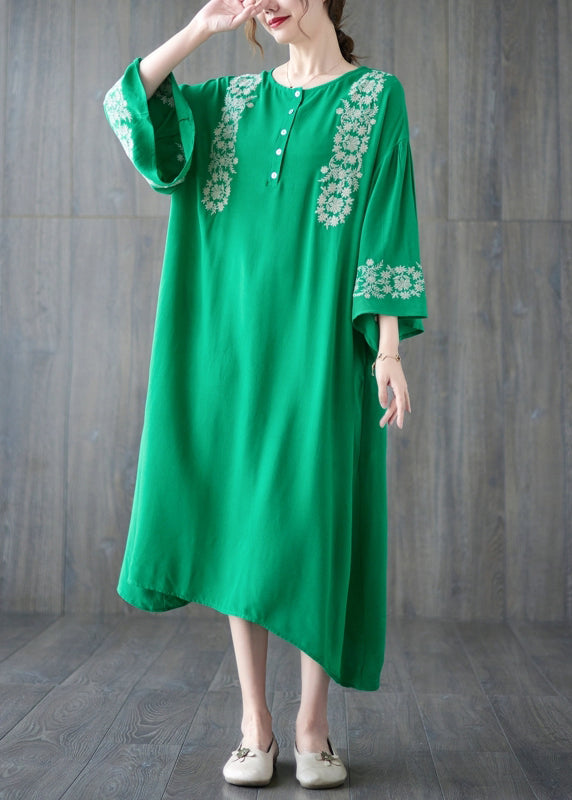 Plus Size Green Embroideried Cotton Holiday Dress Flare Sleeve