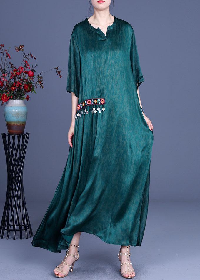 Plus Size Green Embroidery Summer Silk Long Dress - Omychic