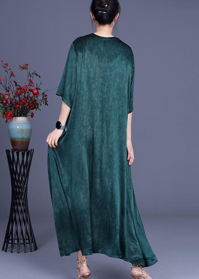 Plus Size Green Embroidery Summer Silk Long Dress - Omychic