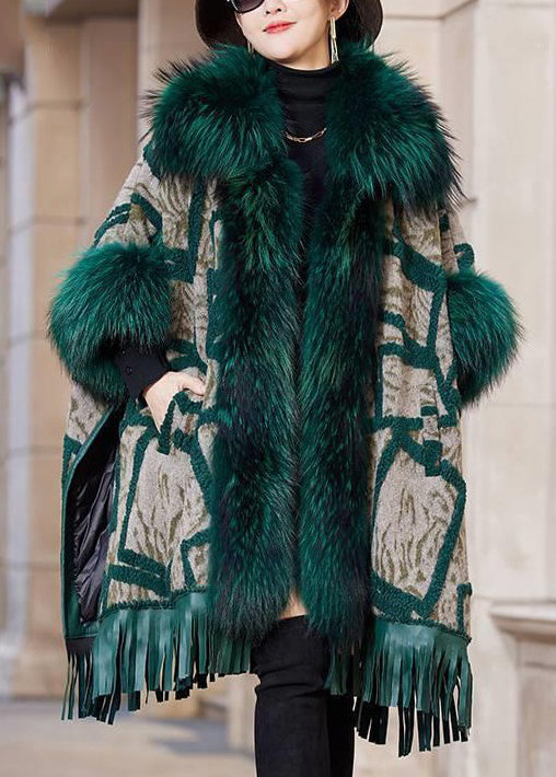 Plus Size Green Fox Collar Pockets Leather And Fur Coat Long Sleeve