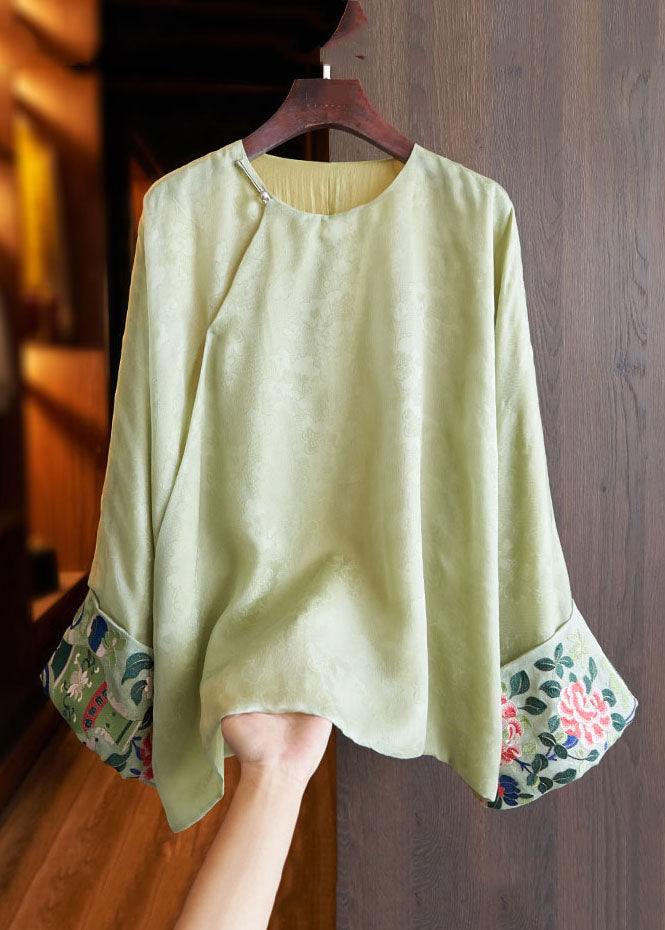 Plus Size Green O-Neck Asymmetrical Embroideried Silk Shirts Fall