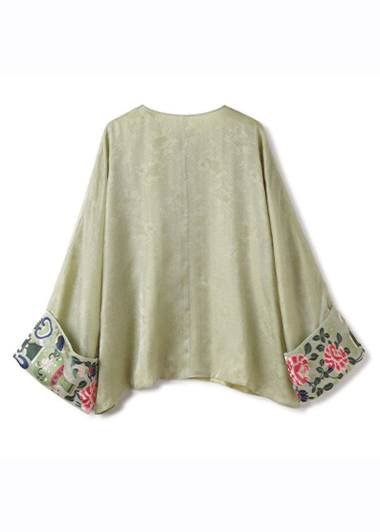 Plus Size Green O-Neck Asymmetrical Embroideried Silk Shirts Fall
