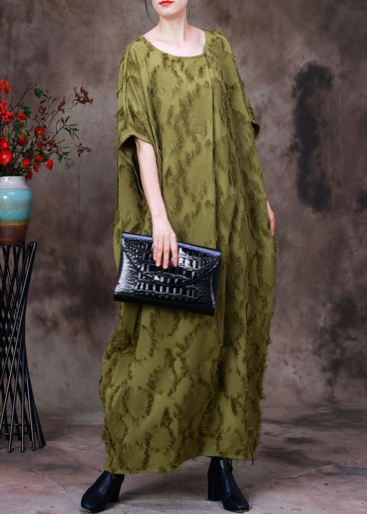 Plus Size Green O-Neck Asymmetrical Print Woolen Long Dress Batwing Sleeve