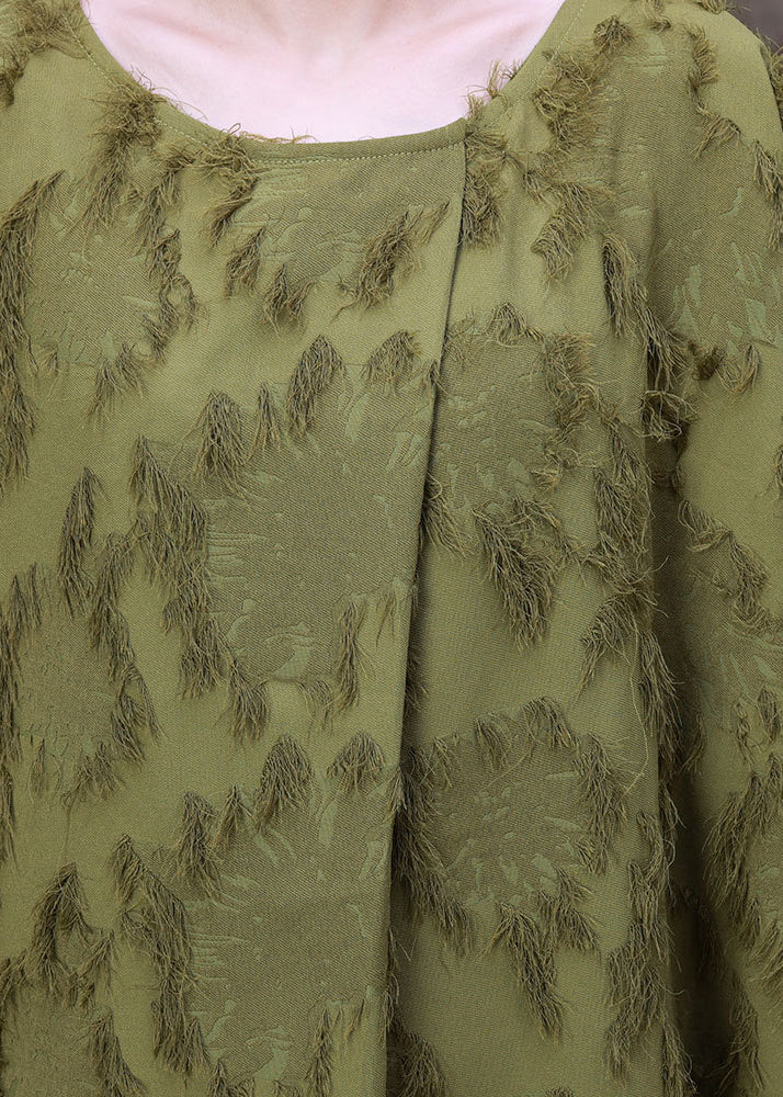 Plus Size Green O-Neck Asymmetrical Print Woolen Long Dress Batwing Sleeve
