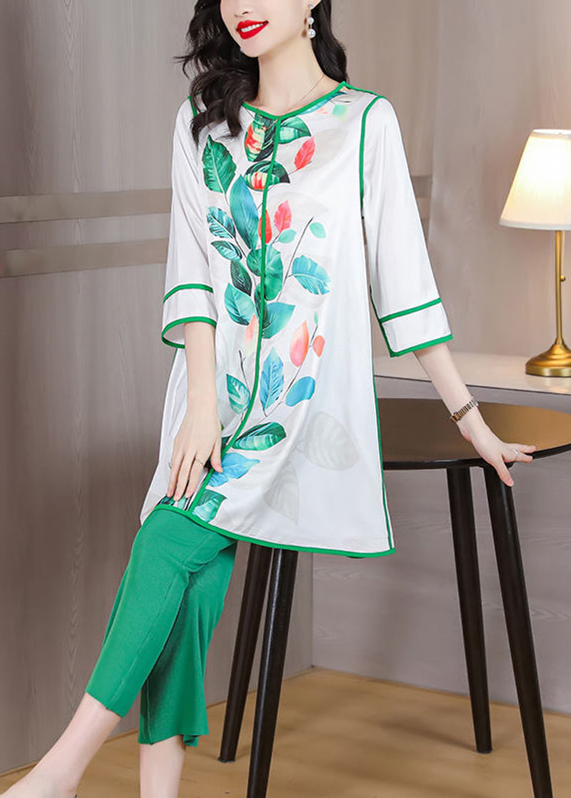 Plus Size Green O-Neck Patchwork Print Silk Two Pieces Set Summer