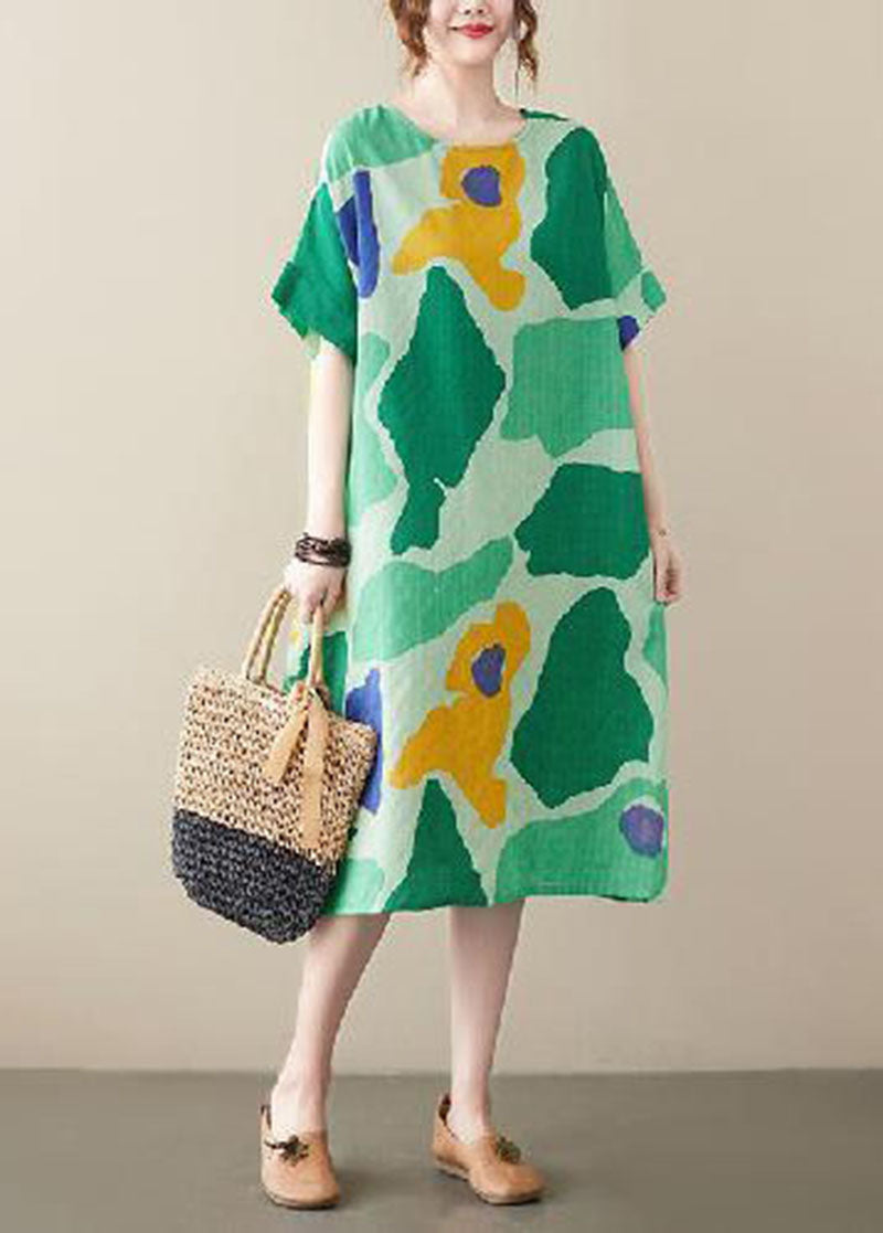 Plus Size Green O-Neck Print Cotton Holiday Dress