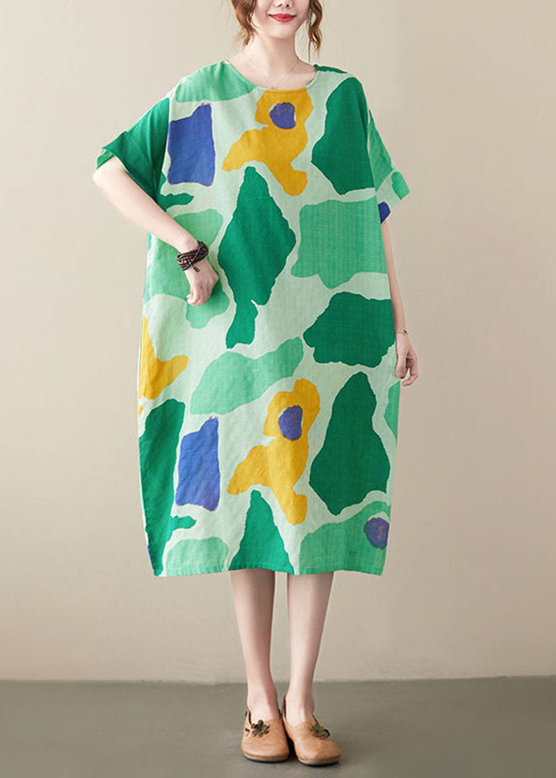 Plus Size Green O-Neck Print Cotton Holiday Dress