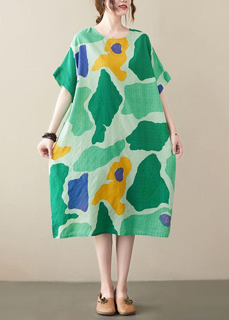 Plus Size Green O-Neck Print Cotton Holiday Dress