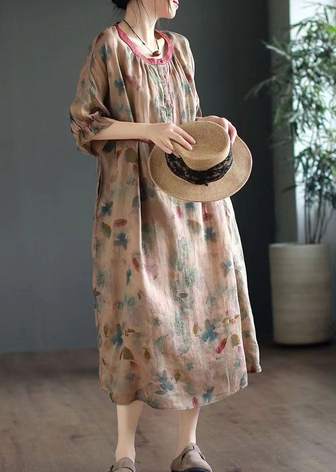 Plus Size Green O Neck Print Linen Long Dresses Half Sleeve