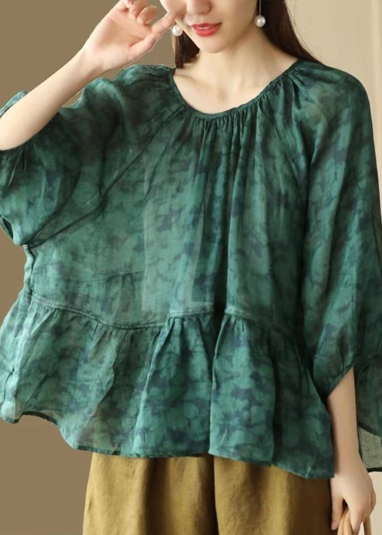 Plus Size Green O Neck Print Patchwork Linen Shirts Summer