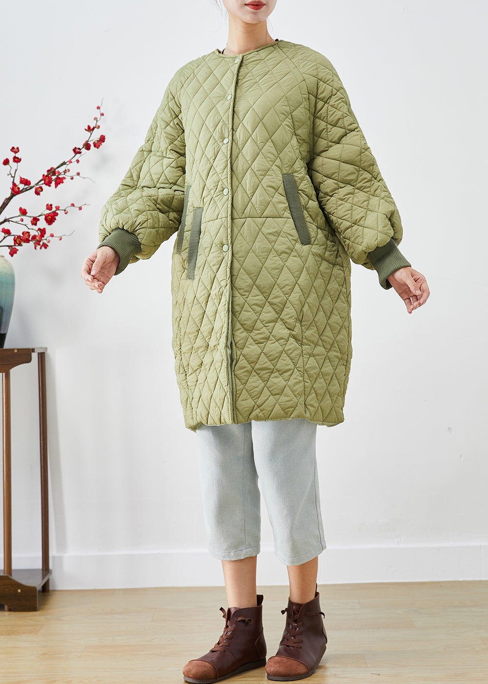 Plus Size Green Oversized Plaid Fine Cotton Filled Womens Parka Winter