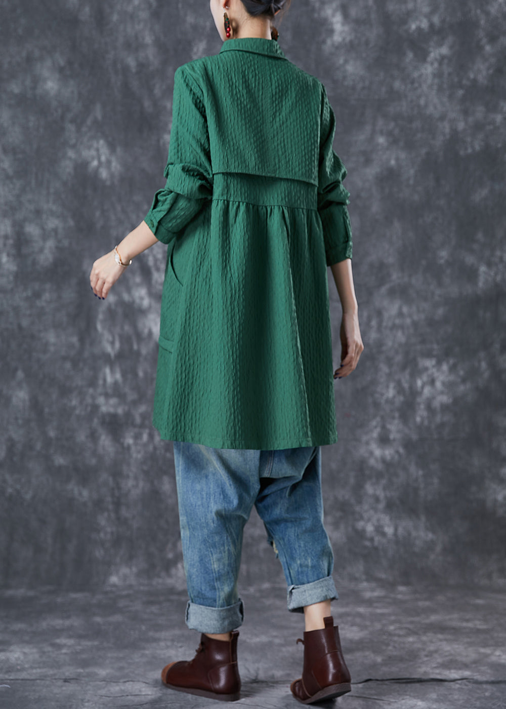 Plus Size Green Oversized Pockets Cotton Trench Fall