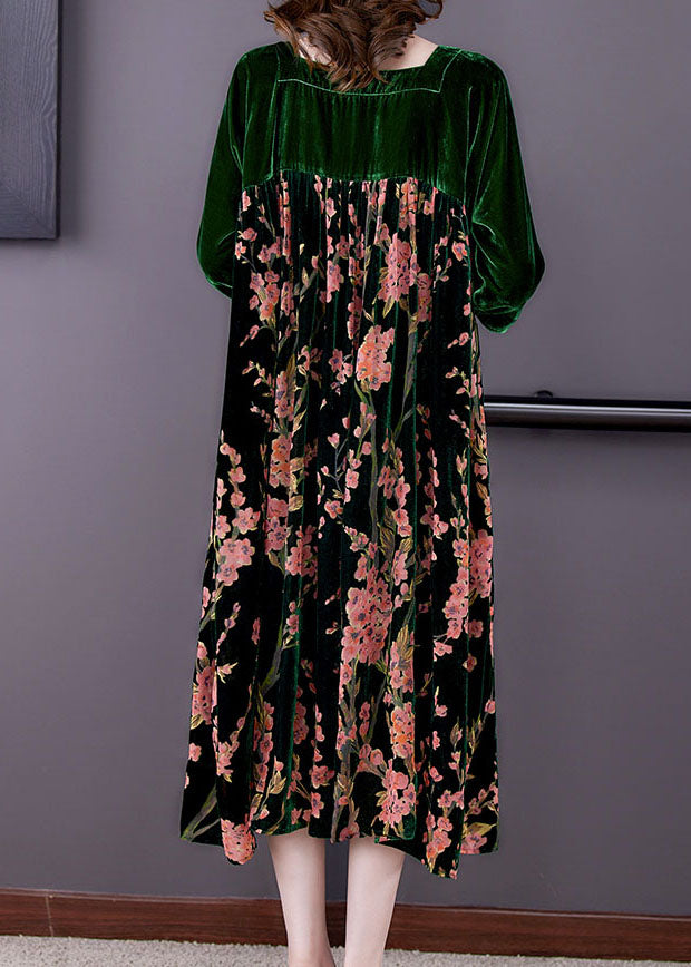 Plus Size Green Patchwork Print Velour Dresses Winter