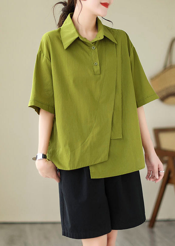 Plus Size Green Peter Pan Collar Asymmetrical Cotton Shirt Top Summer
