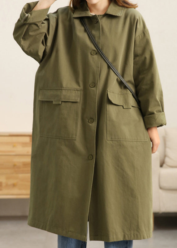 Plus Size Green Peter Pan Collar Button Pockets Cotton Trench Coats Long Sleeve