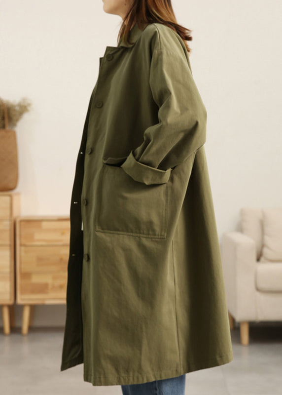 Plus Size Green Peter Pan Collar Button Pockets Cotton Trench Coats Long Sleeve