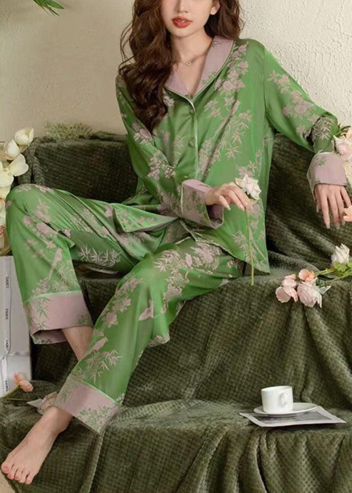 Plus Size Green Peter Pan Collar Patchwork Print Ice Silk Pajamas Two Pieces Set Spring