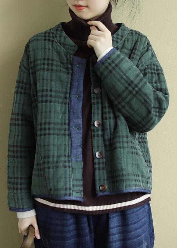 Plus Size Green Plaid Button Patchwork Winter Jackets Long sleeve - Omychic