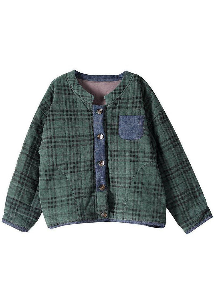 Plus Size Green Plaid Button Patchwork Winter Jackets Long sleeve - Omychic