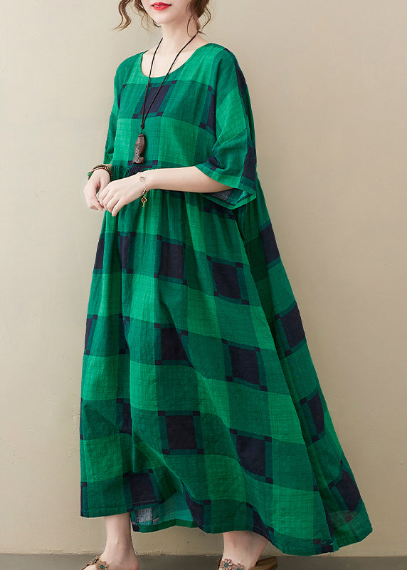 Plus Size Green Plaid O-Neck Pockets wrinkled Long Dresses Half Sleeve