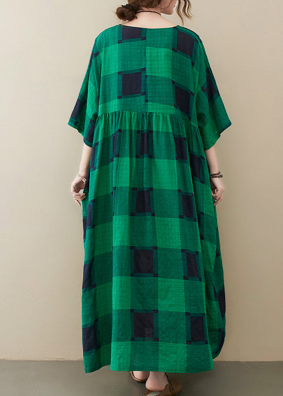 Plus Size Green Plaid O-Neck Pockets wrinkled Long Dresses Half Sleeve