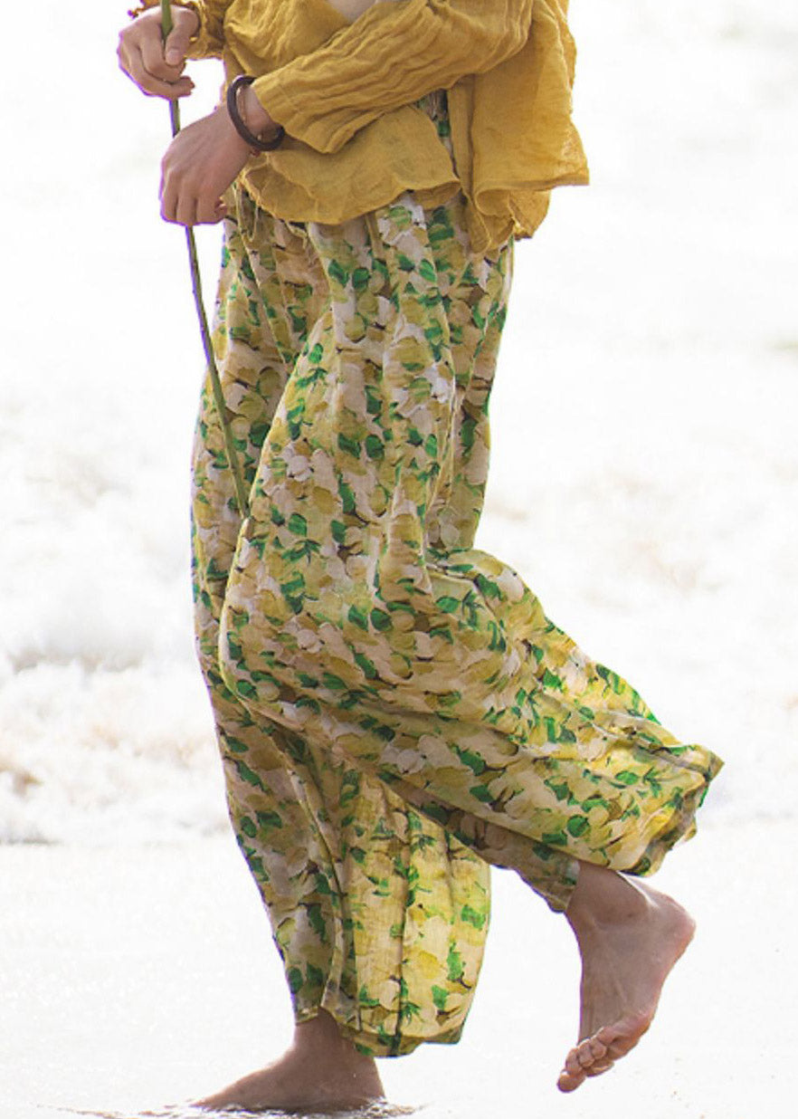 Plus Size Green Print Tie Waist Linen Wide Leg Pants Summer