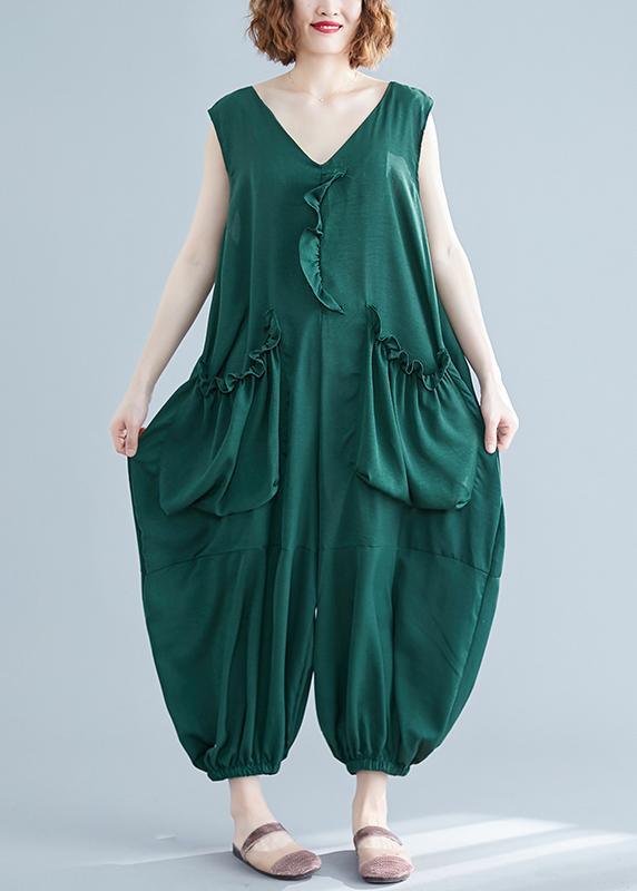 Plus Size Green Ruffled Summer Cotton Tracksuit Jumpsuit - Omychic