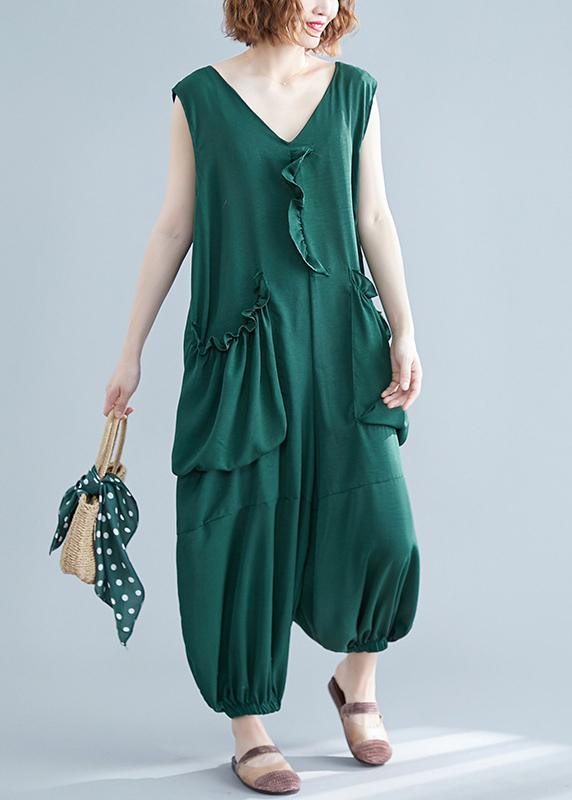 Plus Size Green Ruffled Summer Cotton Tracksuit Jumpsuit - Omychic