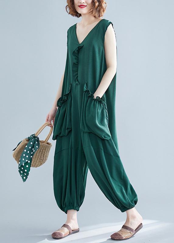 Plus Size Green Ruffled Summer Cotton Tracksuit Jumpsuit - Omychic