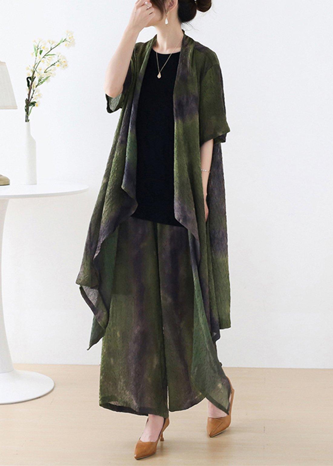 Plus Size Green Silk Blended Tie Dye asymmetrical Wide Leg Design Two Piece Set - Omychic