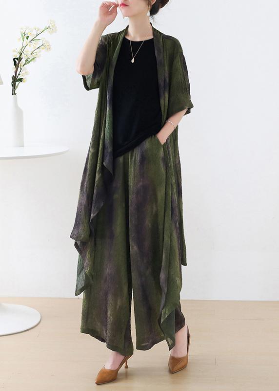 Plus Size Green Silk Blended Tie Dye asymmetrical Wide Leg Design Two Piece Set - Omychic