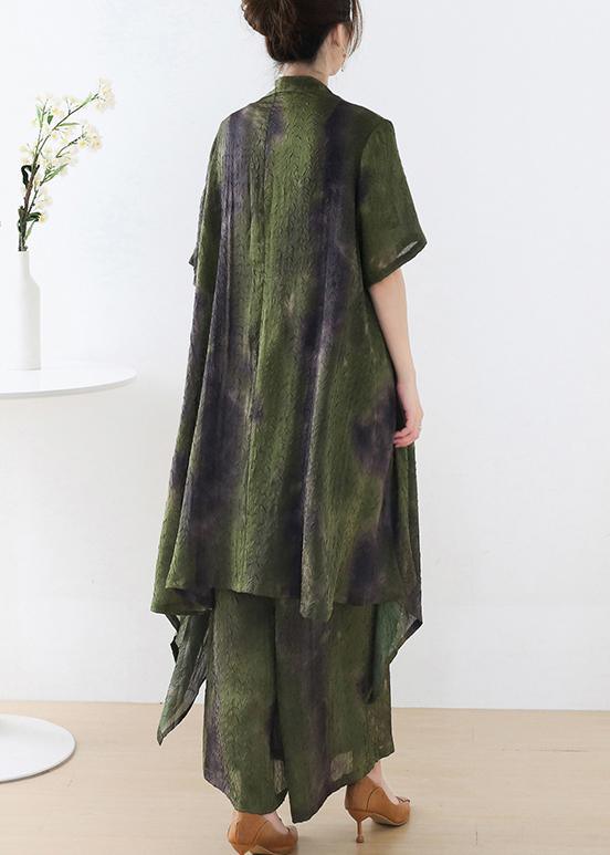 Plus Size Green Silk Blended Tie Dye asymmetrical Wide Leg Design Two Piece Set - Omychic