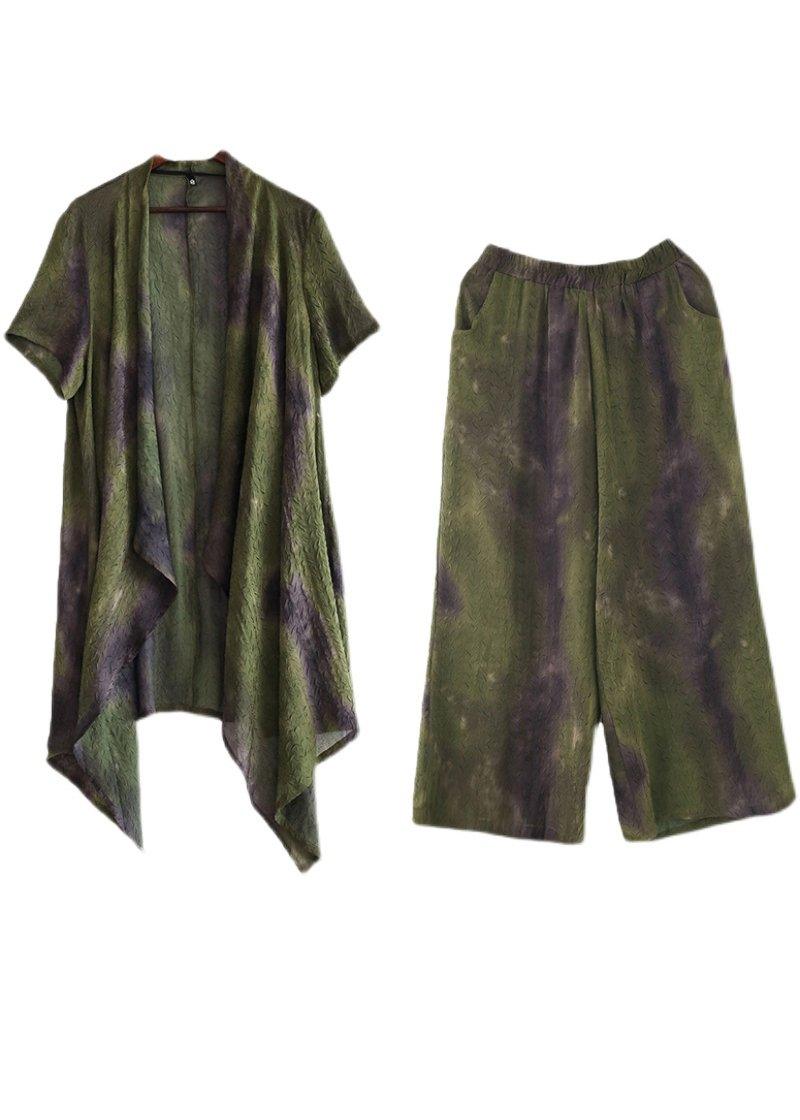 Plus Size Green Silk Blended Tie Dye asymmetrical Wide Leg Design Two Piece Set - Omychic