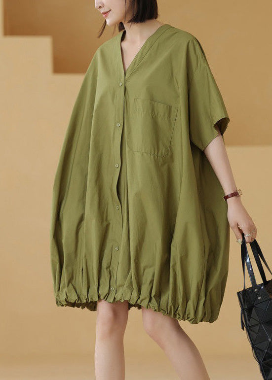 Plus Size Green Solid Button Cotton Shirts Mid Dress Short Sleeve