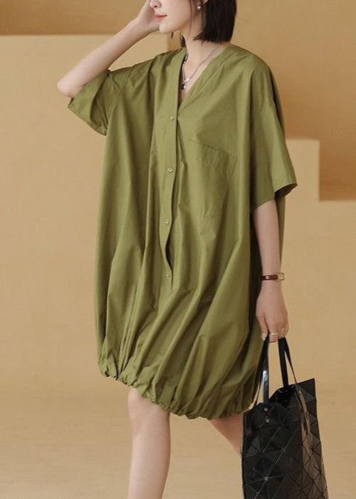 Plus Size Green Solid Button Cotton Shirts Mid Dress Short Sleeve