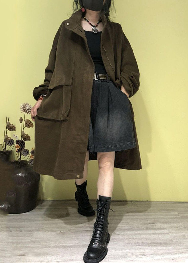 Plus Size Green Stand Collar Zippered Pockets Trench Coats Fall