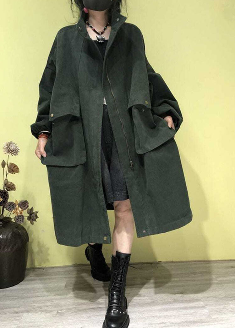 Plus Size Green Stand Collar Zippered Pockets Trench Coats Fall