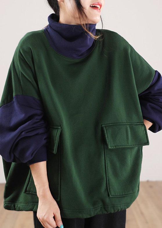 Plus Size Green Turtle Neck Patchwork Cotton Sweatshirts Tracksuits Winter - Omychic