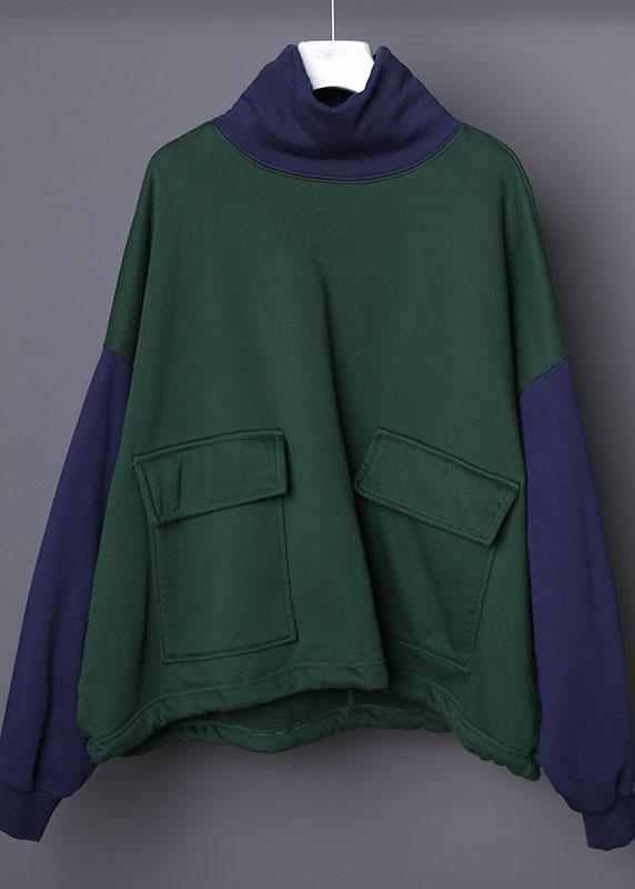 Plus Size Green Turtle Neck Patchwork Cotton Sweatshirts Tracksuits Winter - Omychic