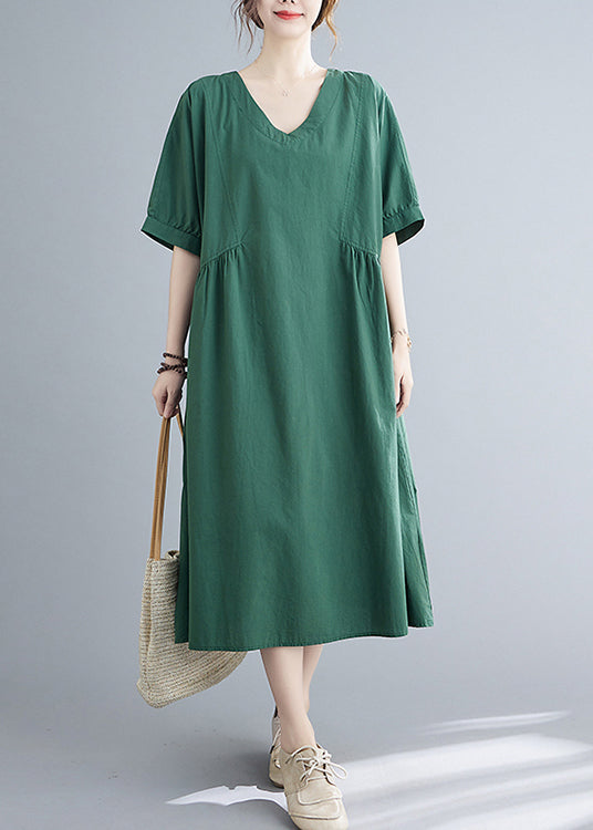 Plus Size Green V Neck Cinched pocket Dress Short Sleeve