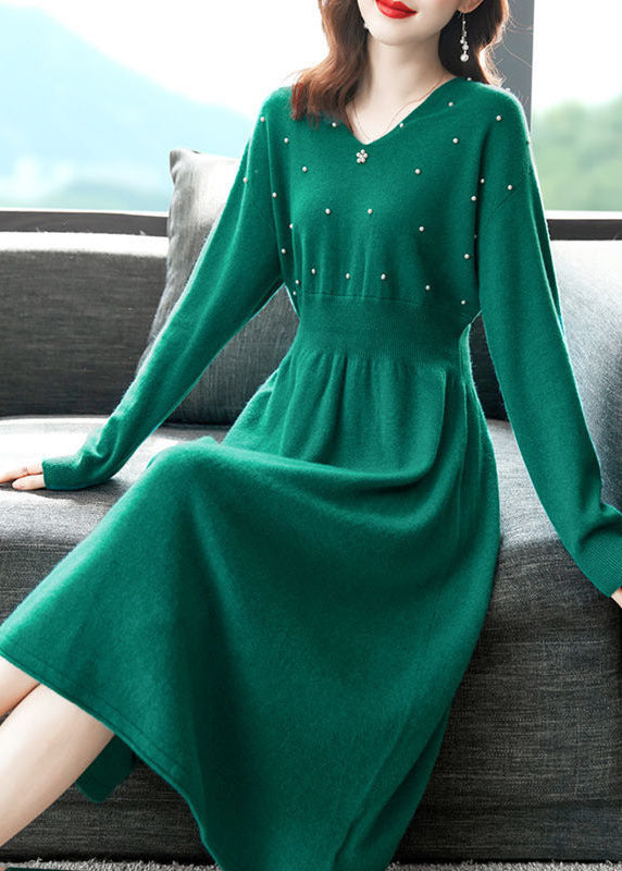 Plus Size Green V Neck Nail Bead Knitwear Cinch Dress Winter