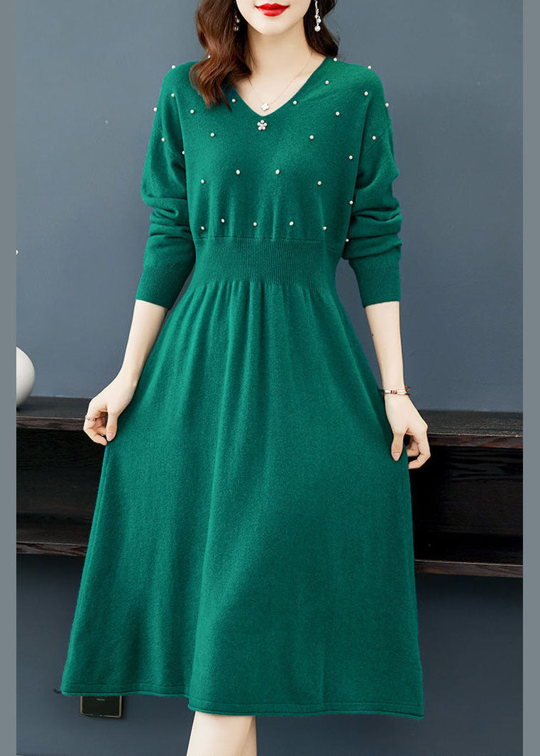 Plus Size Green V Neck Nail Bead Knitwear Cinch Dress Winter
