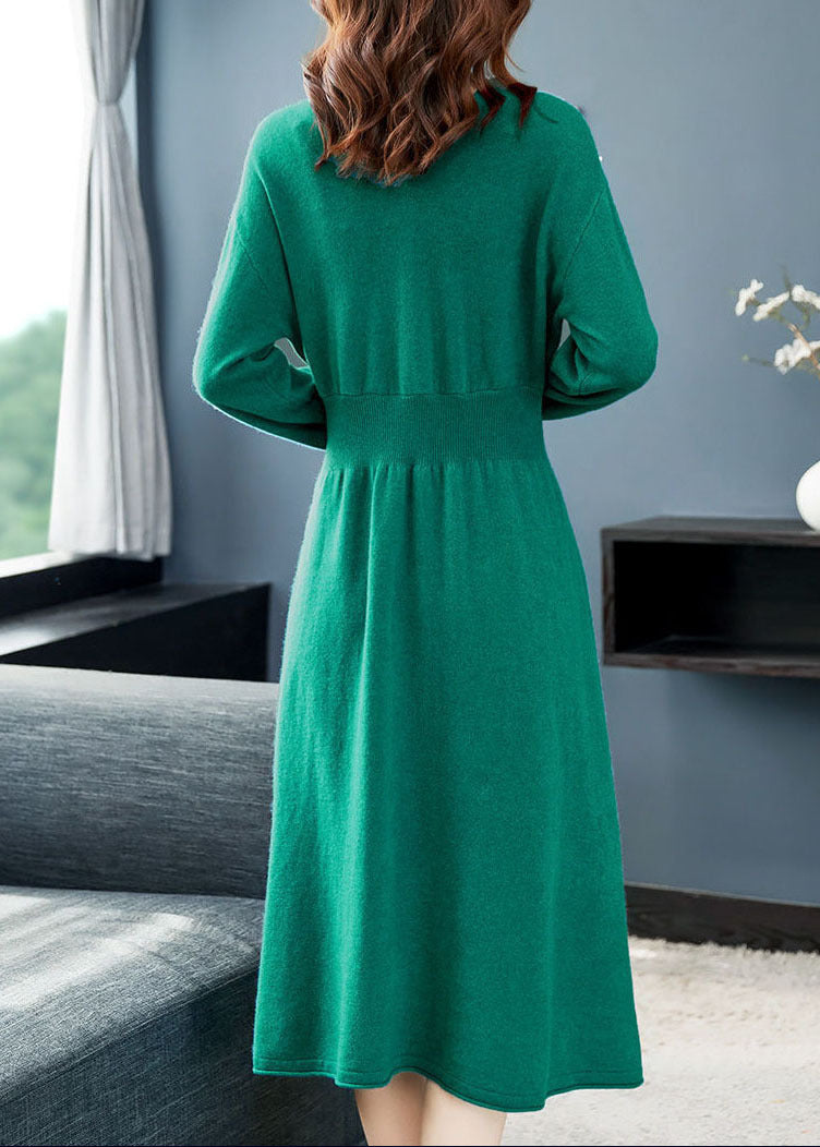 Plus Size Green V Neck Nail Bead Knitwear Cinch Dress Winter