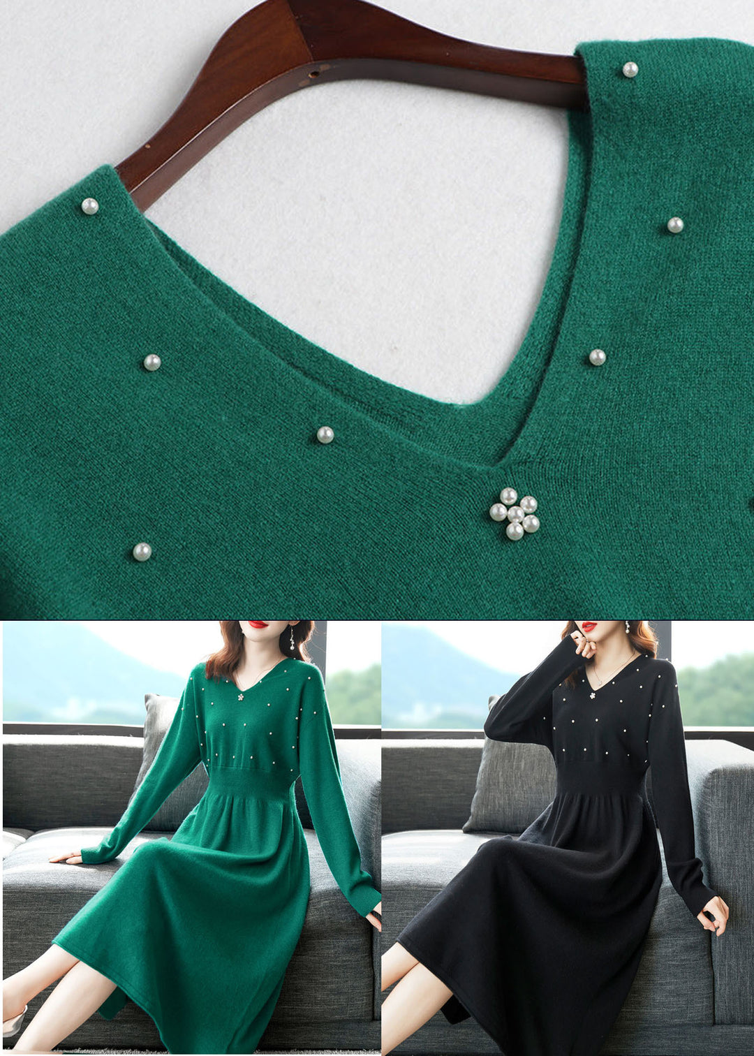 Plus Size Green V Neck Nail Bead Knitwear Cinch Dress Winter