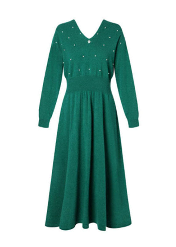 Plus Size Green V Neck Nail Bead Knitwear Cinch Dress Winter