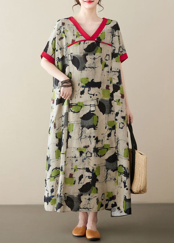 Plus Size Green V Neck Print Patchwork Linen Long Dresses Summer