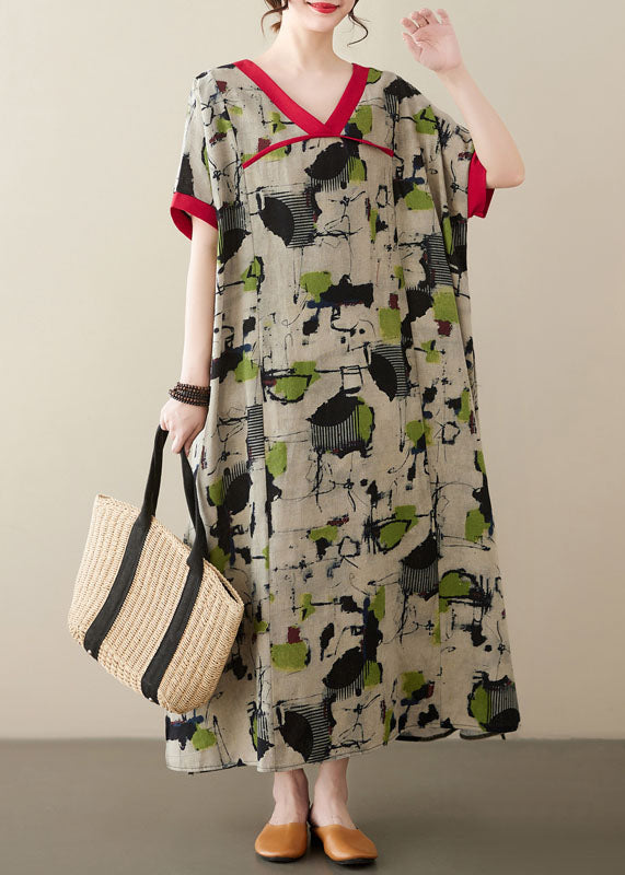 Plus Size Green V Neck Print Patchwork Linen Long Dresses Summer