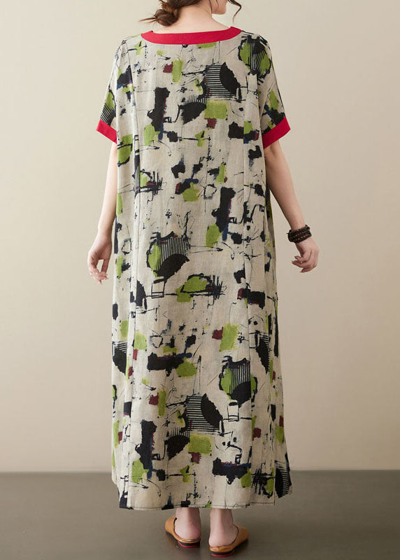 Plus Size Green V Neck Print Patchwork Linen Long Dresses Summer